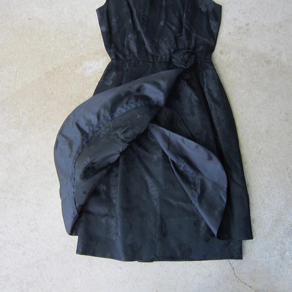 60s Black Sateen Party Dress: Embossed Floral Rose Print, Audrey Hepburn Style View 3