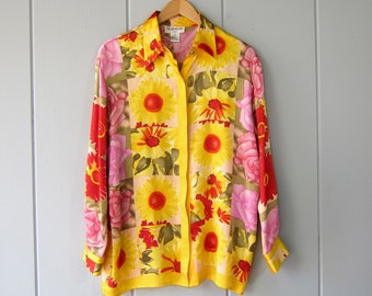 Colorful Floral Print Silk Blouse | 90s Button Up Silk Blouse | SHARAGANO Paris Long Sleeve Pop Art Shirt