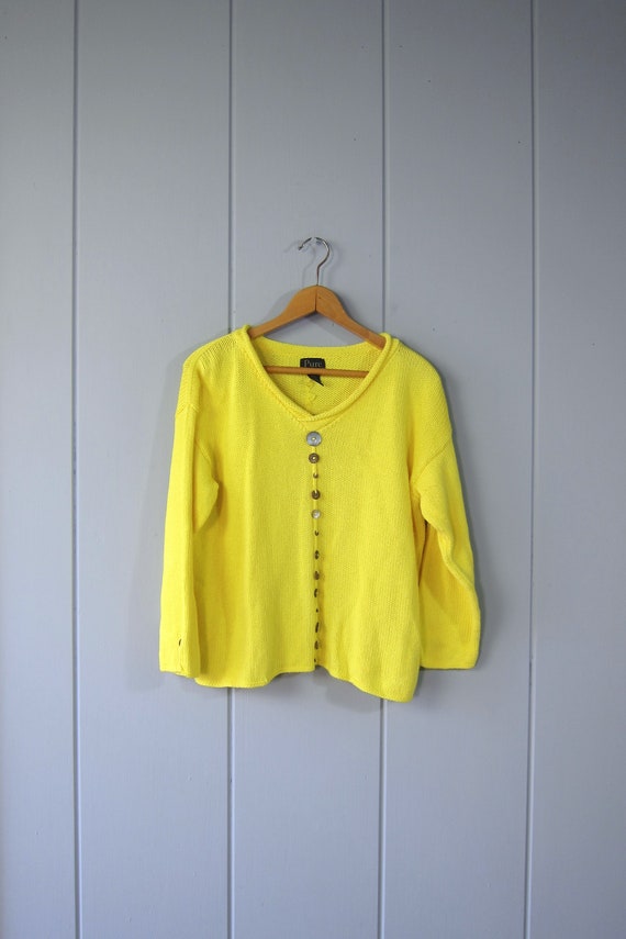 Hand Knit Yellow Cotton Sweater | Button Decor Sw… - image 4