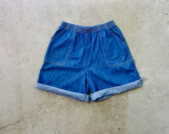 90er Jahre Denim Shorts mit Elastischer Taille | Sommer Jeans Shorts mit Taschen | Vintage Baumwoll Mom Shorts