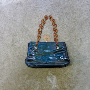 60s Vintage Black Patent Boxy Purse: Lucite Chain Strap Evening Bag