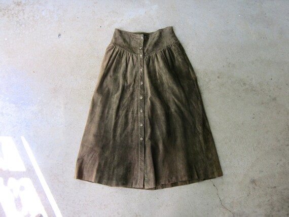 90s Suede Aline Skirt Vintage Dark Green Leather Skirt Long Suede