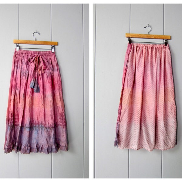 80s Purple Pink Cotton Skirt | Cottage Core Bohemian Midi Skirt | Vintage Tie Dyed Apron Skirt with Pockets | Embroidered Hippie Skirt
