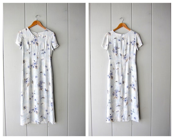 Silk Floral Midi Dress | Minimal Short Sleeve Flo… - image 1