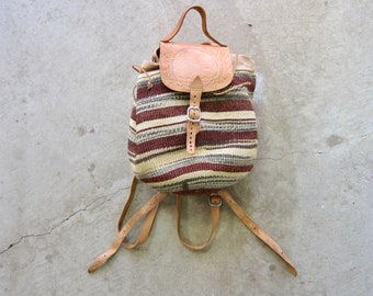 70s Natural Jute Backpack Bag | Leather Flap & Straps Woven Sisal Shoulder Bag | Boho Market Bucket Bag | Hippie Beach Bag Bohemian