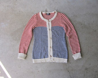 70s Striped Knit Cardigan: Vintage Wooden Toggle Sweater
