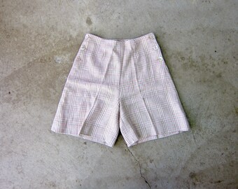 Pink White Plaid Moygashel Linen Shorts | 60s Bill Atkinson Modern Knit Shorts | Vintage High Waist Preppy Shorts with Shell Buttons - CJ