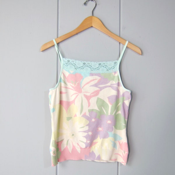 Floral Silk Knit Tank Top | Botanical Print Silk & Lace Cami Tank | Pastel Colors Spring Silk Flower Tank