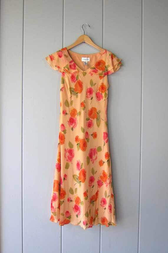 Pretty 90s Silk Garden Dress | Orange Pink Floral… - image 3