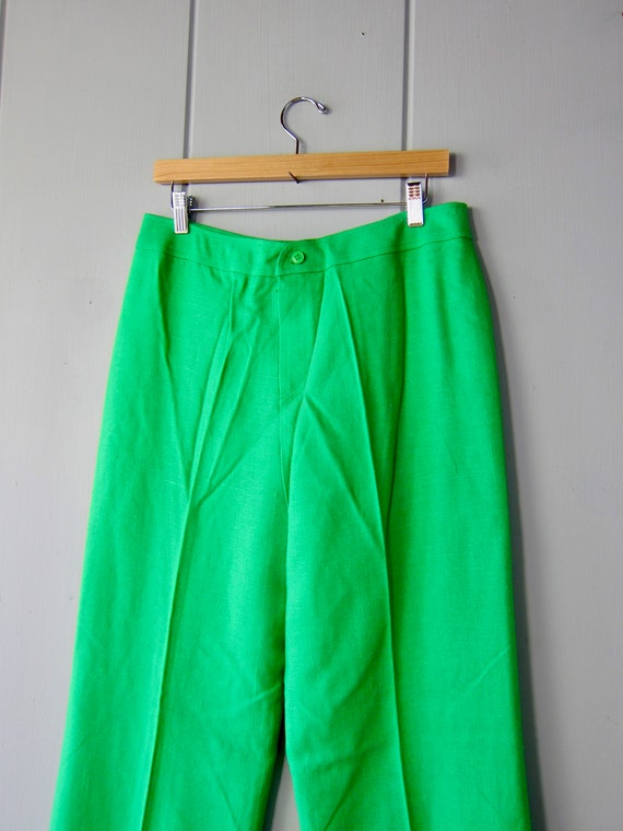 70s Anne Klein Wide Leg Pants | GREEN Woven Linen… - image 3