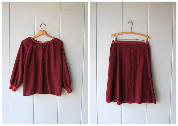 70s Top & Skirt Set | Embroidered Peasant Top | Cr