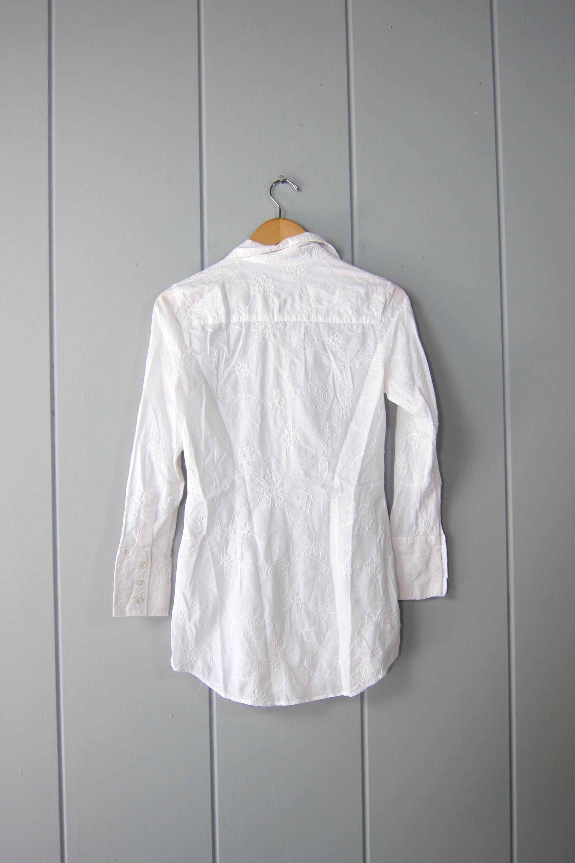 90s Floral Stitched Cotton Blouse - Slim Fit Tunic Shirt - Etsy