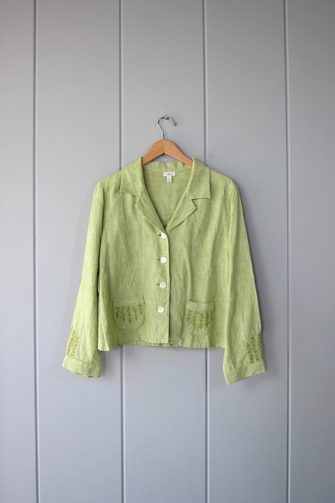 90s Celery Green Linen Blouse Long Sleeve J Jill Linen Spring Pocket Top Embroidered Floral