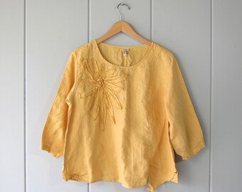 90s Linen Straw Yellow Blouse | Boxy Linen Top with Flower Textile shirt | Quarter Sleeve Minimal Spring Linen Top