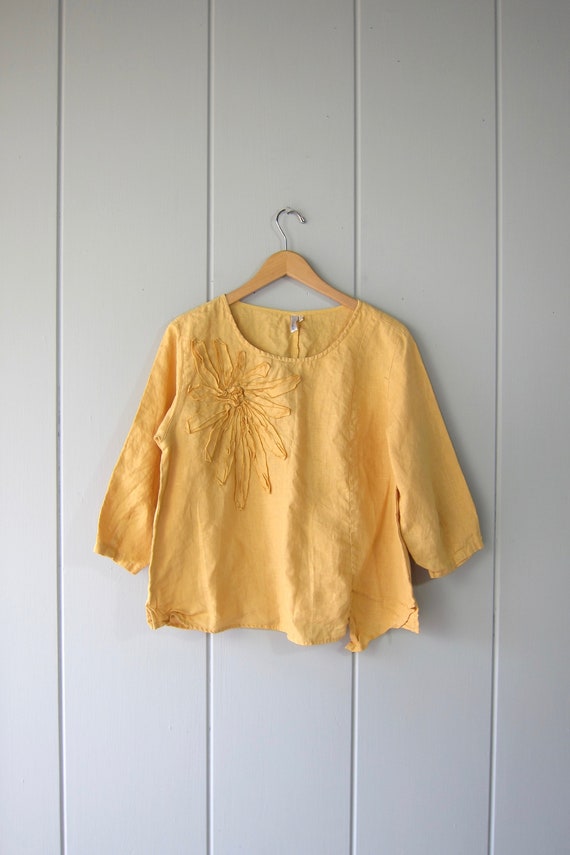 90s Linen Straw Yellow Blouse | Boxy Linen Top wit