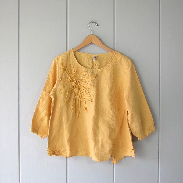 90s Linen Straw Yellow Blouse | Boxy Linen Top with Flower Textile shirt | Quarter Sleeve Minimal Spring Linen Top