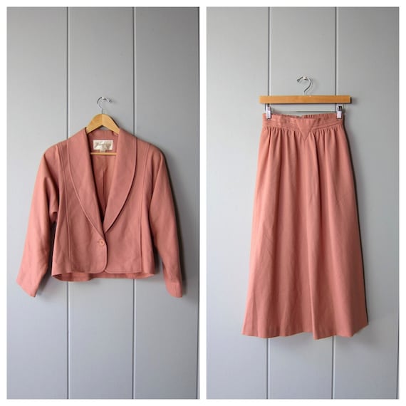 70s John Meyer Pink Wool Skirt Jacket Matching Two Piece Suit Set Vintage Cropped Wool Blazer With Long Swing Skirt Womens S M Etsy
