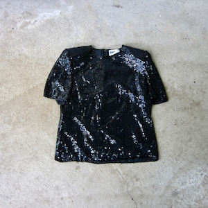 80s Black Sequins Silk Top 80s