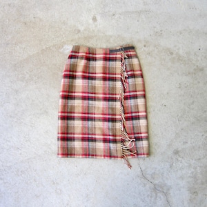 90s Wool Plaid Fringe Skirt: High Waist Midi