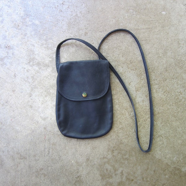 80s Small Black Leather Phone Case Purse | Vintage Leather Pouch Purse | Boho Hippie Shoulder Bag