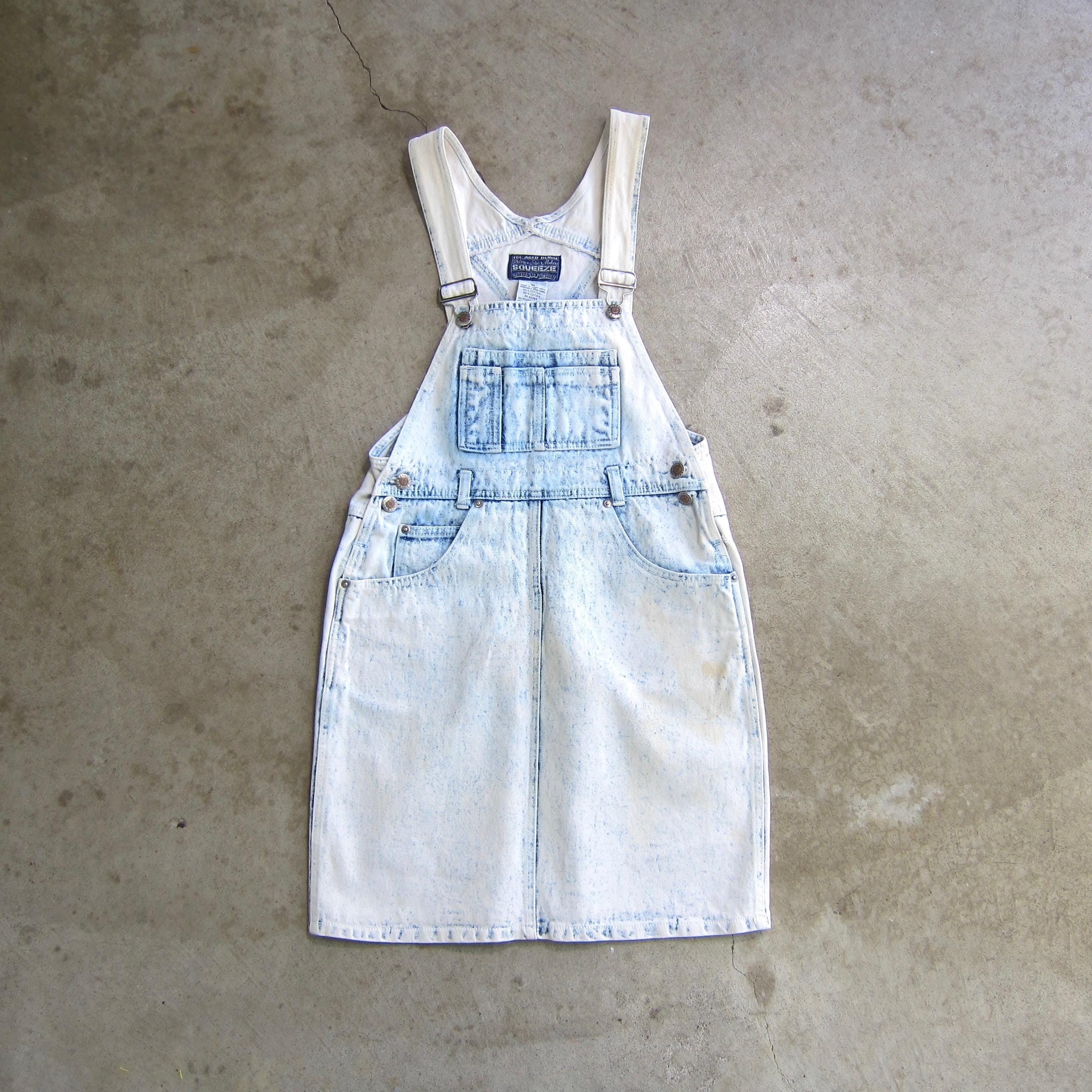Vintage 80s Acid Wash Denim Overall Dress: Grunge Mini Jumper