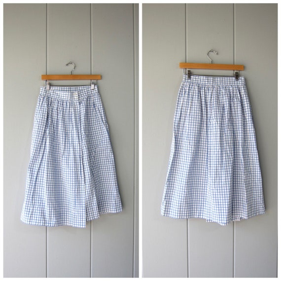 80s Cotton Wrap Skirt | Vintage Blue White Stripe… - image 1