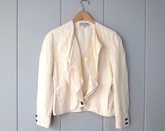 80er Jahre weiße strukturierte SEIDE Blazer-Jacke | Vintage japanische moderne Michii Moon Bluse Jacke | Floppy Revers & Taschen Minimal Tux Jacket
