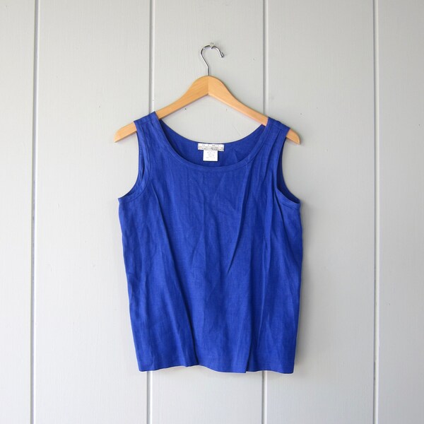 Boxy Linen Tank Top | Cobalt Blue Sleeveless Blouse | Minimal Cropped Flax Embroidered Shirt