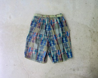 60-tals vintage patchworkshorts: Rutiga byxor med hög midja och skärp