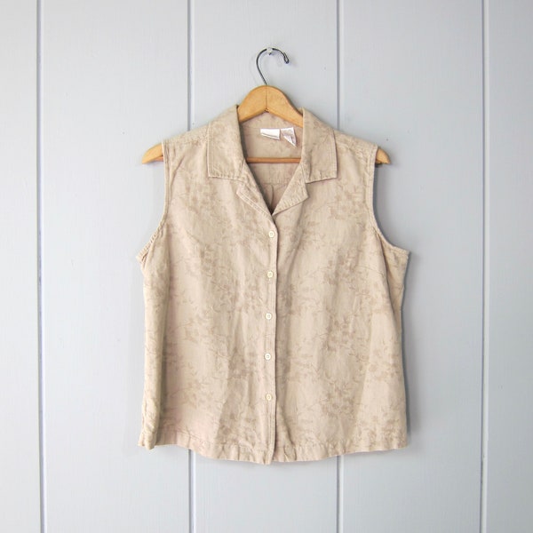 90s Linen Collared Tank Top | Sleeveless Button Up Cotton Shirt | Minimal Floral Embossed Blouse