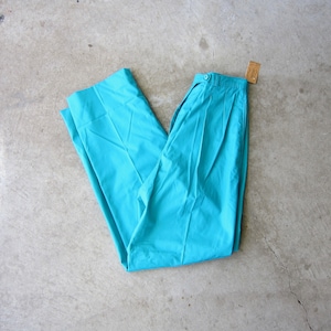 80s Vintage Turquoise Cotton Trousers: Pleated High Waist Pants