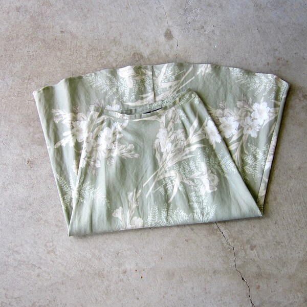 90s Linen Midi Skirt  |Floral Print Summer Skirt | Sage Green Pretty Prairie Skirt