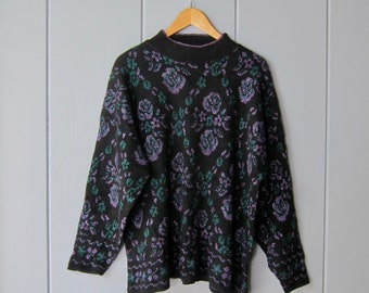 80s Metallic Green Purple Knit Sweater | Oversized Slouchy Sparkle Sweater | Flower Print Holiday Party Glam Sweater MAQ