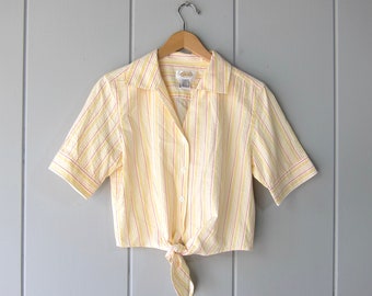 Blusa de cintura con corbata de manga corta de los años 90 / Camiseta a rayas vintage / Top de verano con botones recortados en naranja amarillo