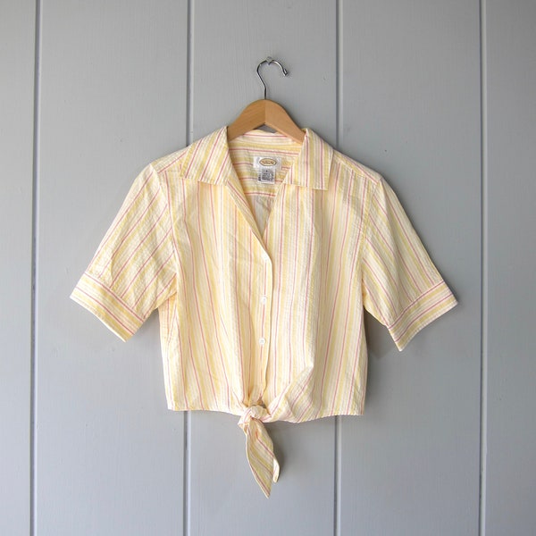 90s Short Sleeve Tie Waist Blouse | Vintage Striped Tee Shirt | Yellow Orange Cropped Button Up Summer Top