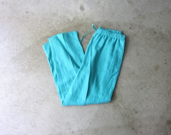 Pantalones de lino y seda color verde azulado: pantalones de verano de cintura alta con cordón ajustable (talla XS/S para mujer)