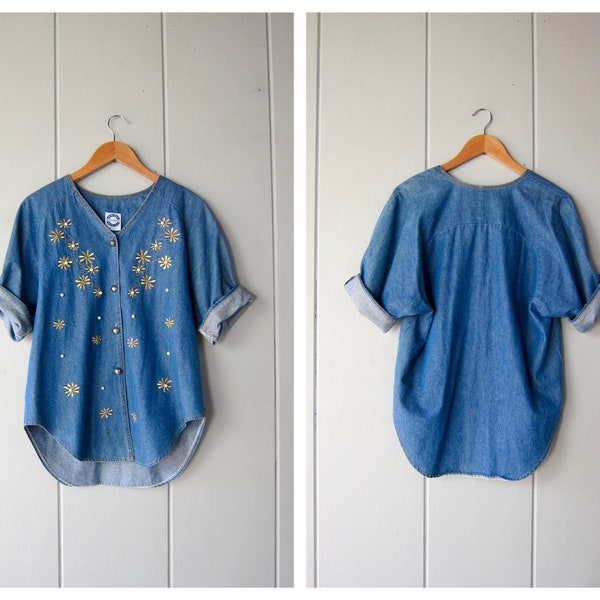 80s Short Sleeve Jean Shirt | Beaded Button Up Denim Shirt | Floral Embroidered Slouchy Jean Shirt