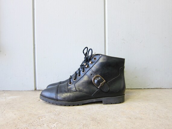 80s Leather Lace Up Ankle Boots | Black Leather Br