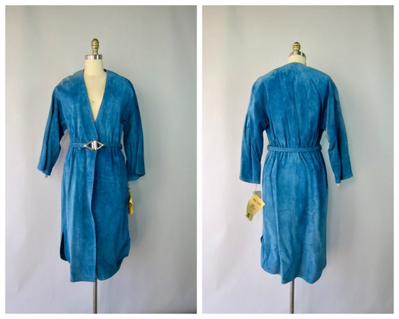 70s Blue Suede Wrap Dress | Long Leather Wrap Dre… - image 1
