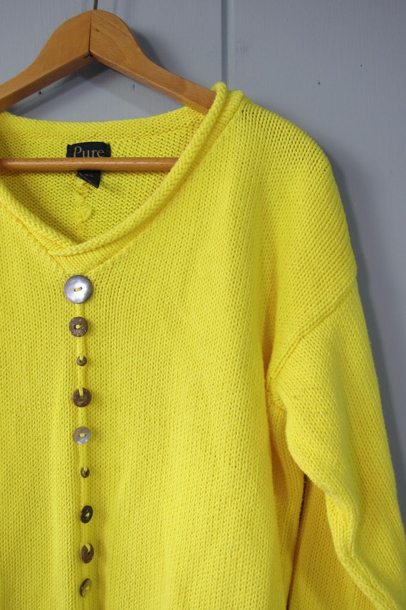 Hand Knit Yellow Cotton Sweater | Button Decor Sw… - image 5