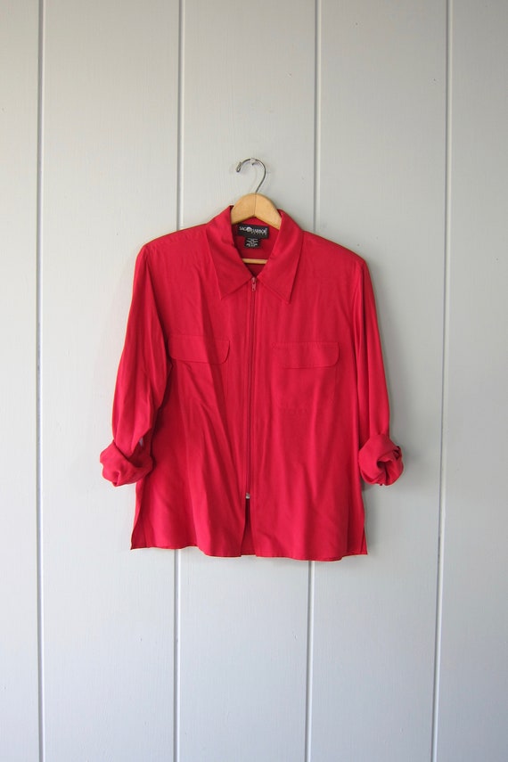 90s Matte Red Silk Blouse | Zip Up Silk Blouse | S