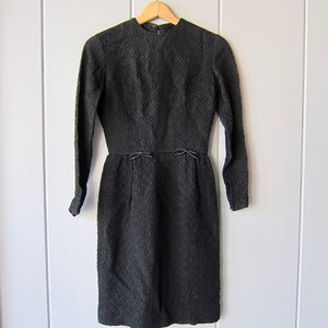 1950s Black Sheath Dress | Long Sleeve Mini Dress | Vintage Black Cocktail Dress with Zipper Cuffs | Sexy Bow Tie Dress