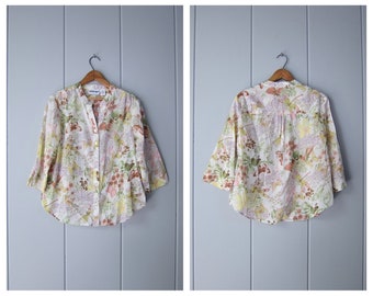 80er Jahre Schmetterling Print Bluse | Vintage Blumen Shirt | Buntes Boho Garten Top | Geknöpftes Top mit Viertelärmeln