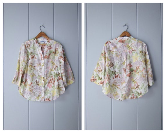 80s Butterfly Print Blouse | Vintage Floral Shirt… - image 1