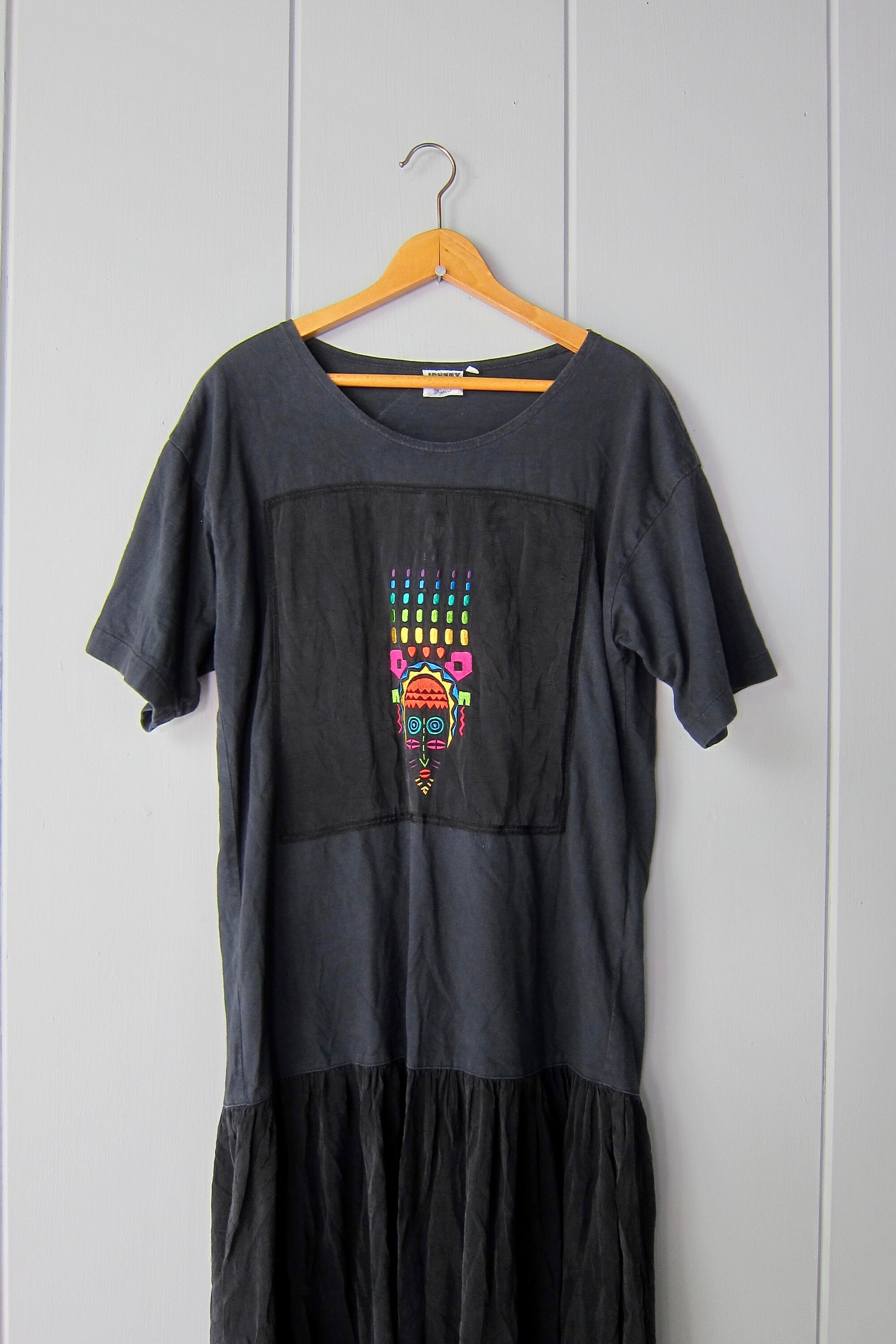 johnny was t shirt dress JOHNNY WAS T-shirt Dress: Black Tribal Sunburst Print, Oversized Cotton Blend