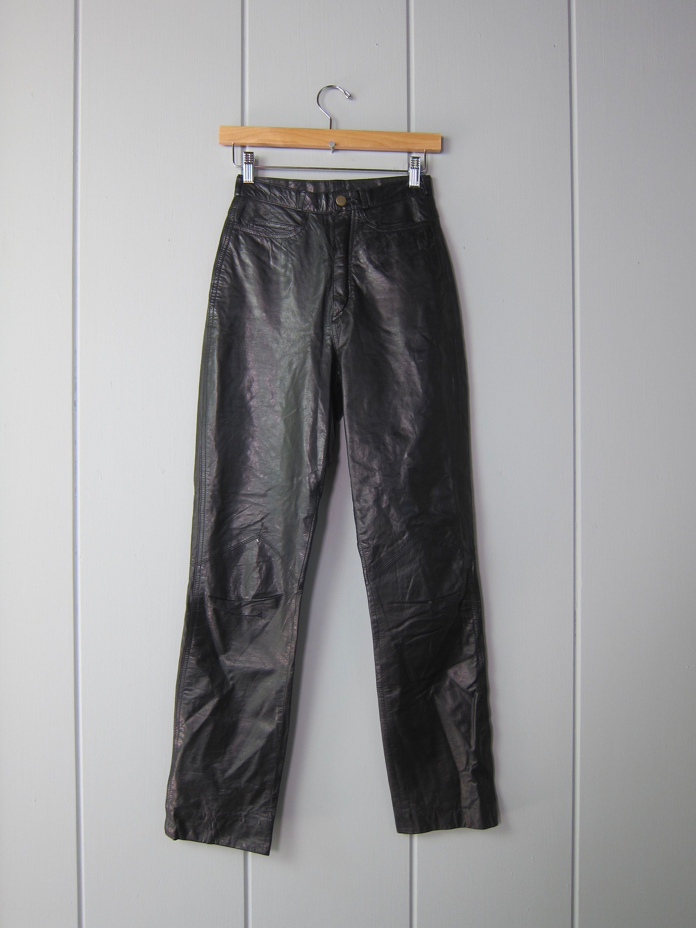 90s Black Leather Pants: Speciale Mode High Waist Biker Jeans XS