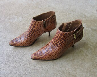 Pointy Toe Brown Leather Booties | Vintage Croc Textured Booties | Donald Pliner Modern Stiletto Boots - Women's 8