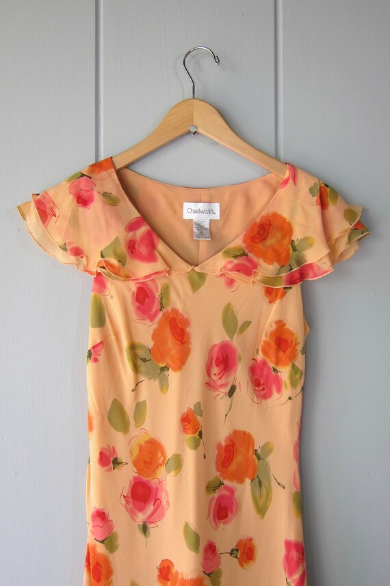 Pretty 90s Silk Garden Dress | Orange Pink Floral… - image 2