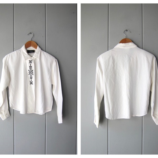 90s Cropped White Blouse | Vintage Collared Long Sleeve Prep Shirt