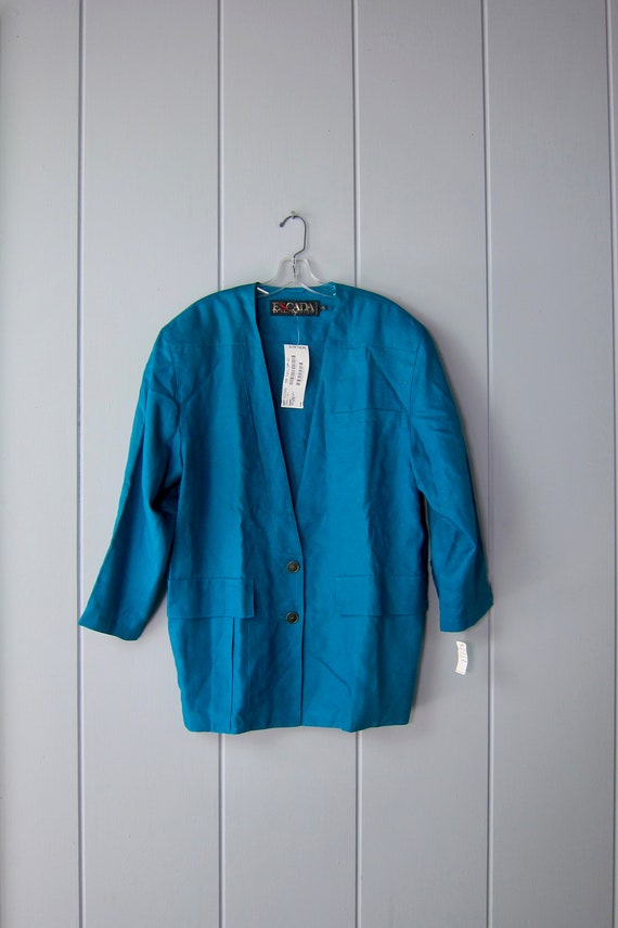 80s ESCADA Teal Blue Linen Blazer | 90s Oversized 